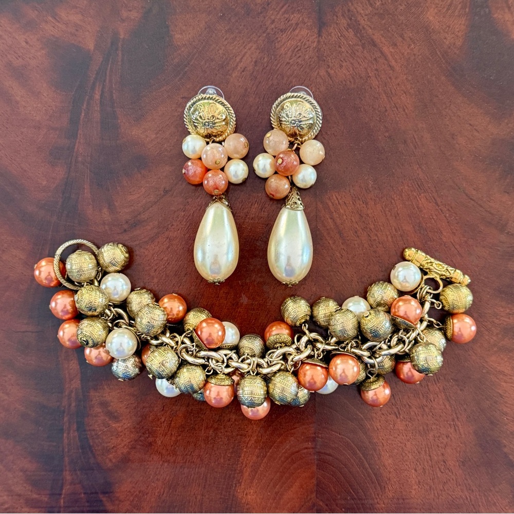 Vintage 80’s Cha Cha Bracelet & Earrings Set; Geometric Gold Tone and Faux Pearl